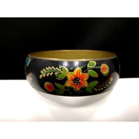 Vintage Wide Brass Hand Painted Flower Bracelet, Gold Accents, 1970s, 8 Inches - Picture 7 of 10